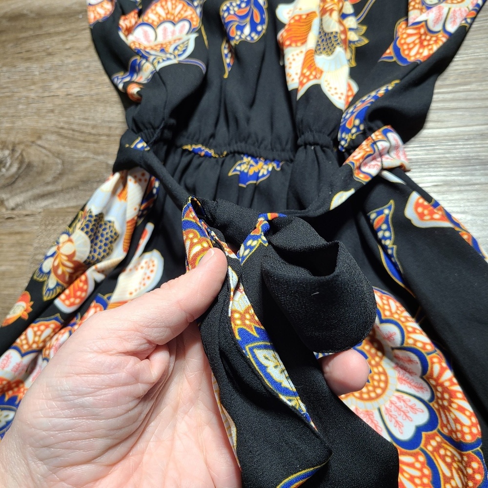 Lauren Conrad Black Floral Boho Mini Dress XS Sleeveless Tie Neck Keyhole Waist - Picture 7 of 10